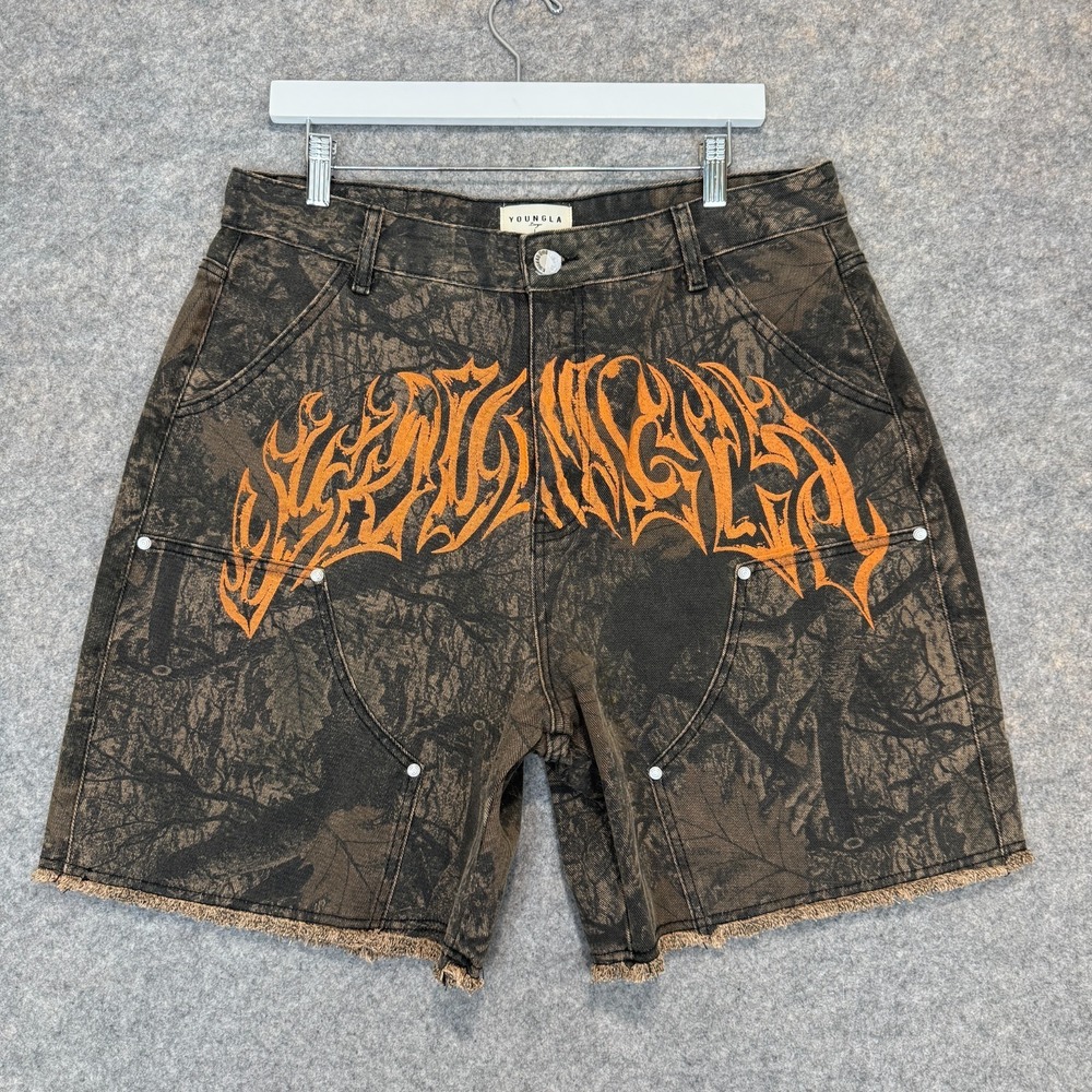 YoungLA Gangsta Jorts Denim Shorts Men Large Double Knee Dark Tree Camo Graffiti